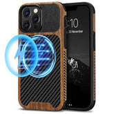 Magnetic Case Compatible With Iphone 13 Pro Max Case Wood Grain With Carbon Fiber Texture Design Leather Hybrid Slim Case (Compatible With Magsafe) Black