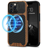 Magnetic Case Compatible With Iphone 13 Pro Max Case Wood Grain With Carbon Fiber Texture Design Leather Hybrid Slim Case (Compatible With Magsafe) Black
