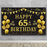 Gold & Black 65th Birthday Backdrop Banner for Party Photos