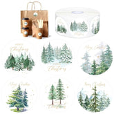 1000Pcs Merry Christmas Stickers Roll Watercolor Forest Decals Green Xmas Tree Adhesive Decorative Round Seal Stickers For Gift Greeting Card Party Supplies