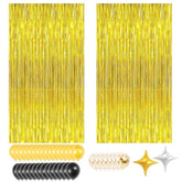 Gold Foil Curtain & Balloon Decoration Set – 2-Pack Metallic Fringe Backdrop With Gold, Black & Silver Balloons (Photo Booth Props For Party, Wedding, New Year)