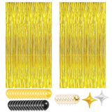 Gold Foil Curtain & Balloon Decoration Set – 2-Pack Metallic Fringe Backdrop With Gold, Black & Silver Balloons (Photo Booth Props For Party, Wedding, New Year)