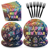 96pc Neon New Year’s Eve Party Supplies Plates Napkins Firework Tableware Set