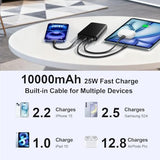 25w Portable Charger 10000mAh Power Bank with Built-in USB C Cable, Battery Pack Charger Portable LED Display Tavel Essential Phone Charger