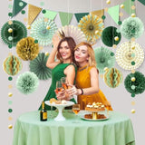 Sage Green Gold Party Decorations, Paper Fans Honeycomb Balls Circle Garlands For Green Theme Birthday Neutral Baby Shower Wedding Graduation Party Decoration Forest Party Supplies