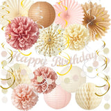 Champagne-Gold Beige Birthday Decorations for Women Girls, Boho Peach Paper Lanterns Tissue Pom Poms Fan Tassels Graland Anniversary Princess Backdrop Party Supplies