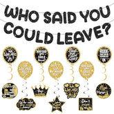 Who Said You Could Leave Banner Black Glitter Retirement Banner Farewell Decorations Party Supplies 15Pcs Going Away Party Hanging Swirls Decorations We Will Miss You Graduation Gift For Men Women