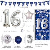 16Th Birthday Decorations For Boys Girls, Blue Silver Happy 16Th Birthday Decorations Door Banner 32" Number 16 Foil Balloon 33Pcs Balloons Triangle Flag Sweet 16 Year Old Birthday Party Sign Supplies