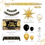 71pc Black & Gold Birthday Decor Kit with Backdrop, Banner, Balloons and Tablecloth
