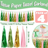 4P Sage-Green Pink-Gold Foil Fringe Metallic Tassel Garland, Tassels Banner Streamers For Parade Floats, Bachelorette, Wedding, Birthday, Halloween, Christmas, Bridal/Baby Shower Party Decorations