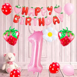 Strawberry 1st Birthday Decor Set Pink #1 Balloon, Banner & Foil Strawberries