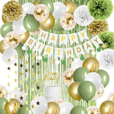 Sage Green & Gold Birthday Decor Set – Balloons, Banner, Foil Backdrop and Pom Poms