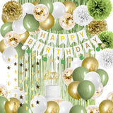 Sage Green Birthday Party Decorations Olive Green And Gold Balloons Greenery Neutral Décor White Happy Birthday Banner Sage Foil Background Pom Poms For Girls Baby Women