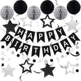 Black & Silver Birthday Decorations Banner, Swirls, Honeycomb Balls and Garland for All Ages