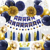 Birthday Decorations For Men Boys, Navy Blue Gold White Happy Birthday Party Decorations Kit - Banner, Balloons, Tissue Pompoms, Swirls, Tassels Garland