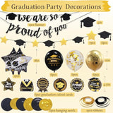 Graduation Decorations Class Of 2025, Black And Gold Graduation Balloons With Hanging Swirl, We Are So Proud Of You Banner, Congrats Grad Garland Party Supplies