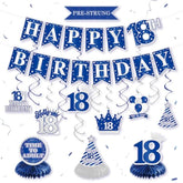 Pre-Strung 18Th Birthday Decorations For Men, Happy 18Th Birthday Banner Hanging Swirls Honeycomb Centerpieces Tabletop Blue, 18 Years Old Party Photo Booth Backdrop Decor Supplies