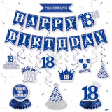 Pre-Strung 18Th Birthday Decorations For Men, Happy 18Th Birthday Banner Hanging Swirls Honeycomb Centerpieces Tabletop Blue, 18 Years Old Party Photo Booth Backdrop Decor Supplies