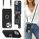 For Iphone 14 Pro Max Case With Card Holder For Women,Phone Case With Strap,Crossbody Lanyard,Ring Stand,Snap Clasp,Cute Wallet Cases 6.7" (Black)