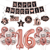 Sweet 16 Decorations Rose Gold Banner, Balloons & Hanging Swirls for Girls