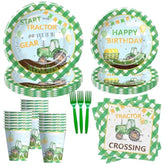 Tractor Birthday Plates And Napkins Party Supplies - Farm Theme Green Tractor Birthday Decorations Tableware, Paper Plate, Cup, Napkin, Disposable Fork | Serves 24