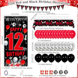 12th Birthday Decorations Red Black Banner Balloons Tablecover Party Decor