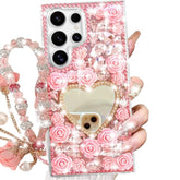For Samsung Galaxy S25 Ultra Glitter Bling Case,Cute 3D Sparkle Heart Makeup Mirror Crystal Rhinestone Flowers Diamond Gems With Lanyard Wrist Strap Women Girls Case For Galaxy S25 Ultra,Pink