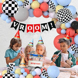 Race Balloon Garland Arch Kit Pastel Coral Gray Yellow Baby Blue Black White Balloons With Checkered Foil Balloons Tablecloth Flag Banner For Car Sports Birthday Baby Shower Decorations Party Supplies