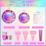 Iridescent Pink Party Supplies Decorations Serve 25, Hot Pink Holographic Paper Plates And Napkins Set, Disposable Pink Paper Plates Cups Knives Spoons Fork For Mermaid Disco Birthday Graduation Party
