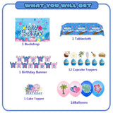 Cartoon Blue And Pink Theme Birthday Party Supplies Decorations Including Birthday Banner, Backdrop, Balloons, Tablecloth, Cake Toppers For Kids Party