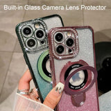 Magnetic Ring Stand Glitter Case For Iphone 15 Pro Max, (Compatible With Magsafe) Luxury Bling Diamond Rhinestones Cover With Camera Lens Protector For Women Girls,Pink