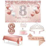 8Th Birthday Decorations - Rose Gold Party Set For Girls, Includes Banner, Tablecloth, Sash, Tiara & Cake Topper, Pink Gold 8 Number Balloons