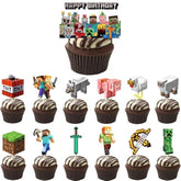 25 Pcs Pixel Gamer Cake Decorations Happy Birthday Topper Party Supplies for Kids