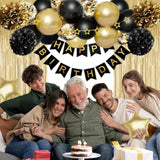 Birthday Decorations For Men Women, Gold And Black Party Decorations, Happy Birthday Banner With Black Gold Balloons Pom Poms Confetti Foil Fringe Curtains, Men Golden Party Decorations