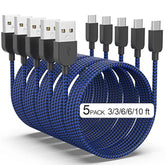 Usb Type C Cable 5Pack (3/3/6/6/10Ft) Fast Charging 3.1A Quick Charge Usb A To Usb Type C Charger Cord For Samsung Galaxy S20 S10 S9 S8 A73 A51 A13, Note 20 10, Lg G8 G7 Controller-Blue