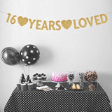 Gold 16 Year Loved Banner, Gold Glitter Happy 16Th Birthday Party Decorations, Supplies