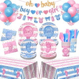322Pcs Gender Reveal Decorations Kit (Serves 50 Guests) - Girl Or Boy Gender Reveal Decorations, Disposable Tableware With Plates & Napkins, Tablecloth, Banner For Baby Shower