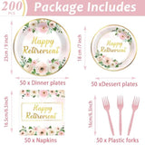 200Pcs Flower Retirement Party Decor For Women White Peony Happy Retirement Plates Tableware Pink Gold Floral Retirement Dinnerware Napkin For Goodbye Going Away Farewell Party Supplies 50 Guests