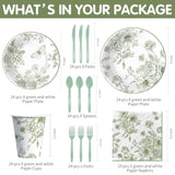 Sage Green Floral Paper Plates And Napkins Decorations, Elegant Green White Toile Chinoiserie Flower Party Supplies, Plate, Napkin, Cup, Cutlery, For Birthday Baby Bridal Shower Wedding, 24 Set