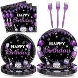 96Pcs Purple & Black Party Supplies - Paper Plates, Napkins, Dinnerware Set For Women, Men, Baby Showers & Birthdays - Serves 24