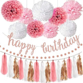 Pink Rose Gold Birthday Party Decorations Set, Rose Gold Glittery Happy Birthday Banner, Tissue Paper, Circle Dots Garland And Tassel Garland For Birthday Party Decorations