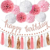 Pink Rose Gold Birthday Party Decorations Set, Rose Gold Glittery Happy Birthday Banner, Tissue Paper, Circle Dots Garland And Tassel Garland For Birthday Party Decorations