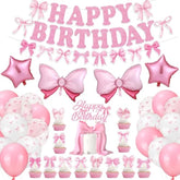 44 Pcs Pink Bow Birthday Decorations Include Pink Bow Balloons Star Balloons Cake Topper Bow Happy Birthday Banner For Party