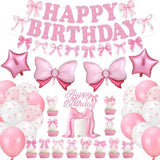 44 Pcs Pink Bow Birthday Decorations Include Pink Bow Balloons Star Balloons Cake Topper Bow Happy Birthday Banner For Party