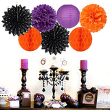 Halloween Party Decoration Kit: Black, Orange & Purple Paper Lanterns, Pom Poms