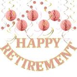 Retirement Party Decorations Kit For Women - 17-Piece Elegant Rose Gold Set With Pre-Strung Banner, Honeycomb Balls, Swirls & Garland | Instant Setup Party Decor | Retirement Gifts & Supplies