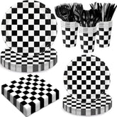 168 Pcs Race Car Birthday Party Decorations With Checkered Flag Plates, Cups, Napkins, Cutlery For Cars Birthday Decorations, Serves 24