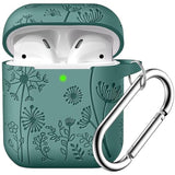 Flower Engraved Cover For Airpods Case, Stylish Soft Silicone Protector With Keychain Compatible With Apple Airpod 1St/2Nd Generation Charging Case, Front Led Visible, Pine Green
