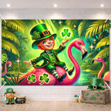 St. Patrick’S Day Banner 71X43 Inch Green Holiday Party Banner Featuring Irish Boy On Pink Flamingo Glowing Clover Tropical Forest Scene For St. Patrick’S Day Decoration Photo Background Wall Display