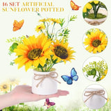 16 Pcs Artificial Sunflower Potted Plants Rustic Silk Sunflowers For Kitchen Spring Centerpieces For Tables Yellow Fake Flower With Plastic Pot For Summer Bathroom Wedding Office (White)